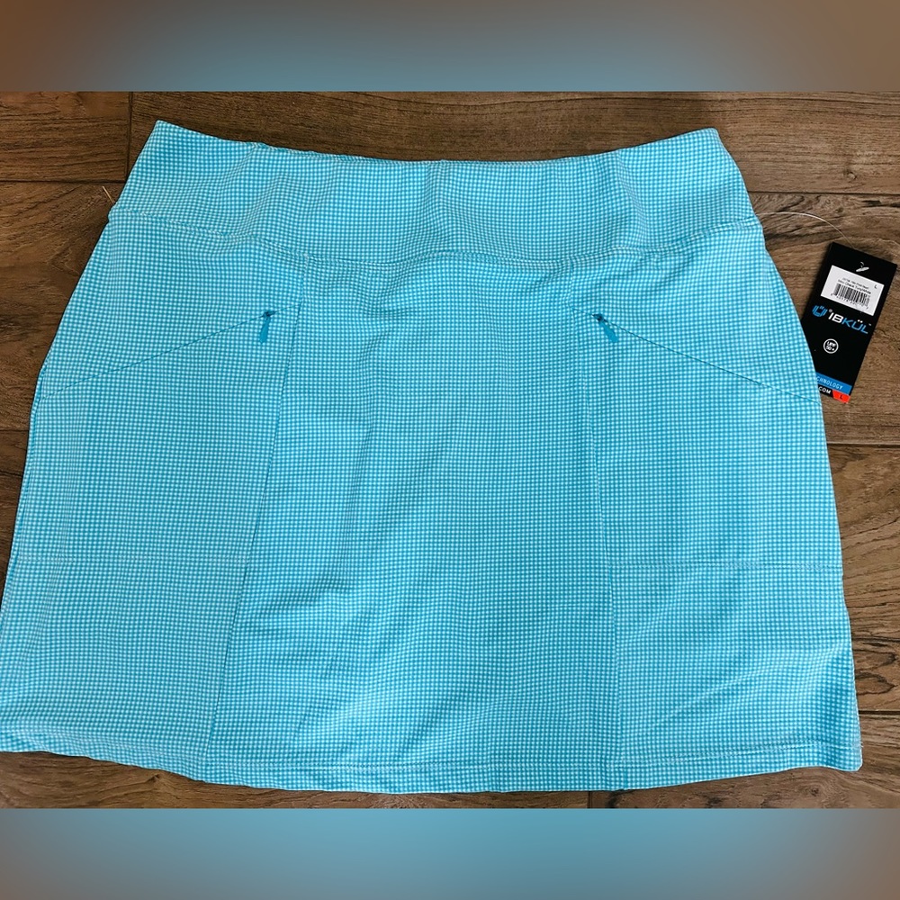 IBKUL Women's Brianna 18” Mini Check Skort Turquoise L & XL UPF 50+NWT